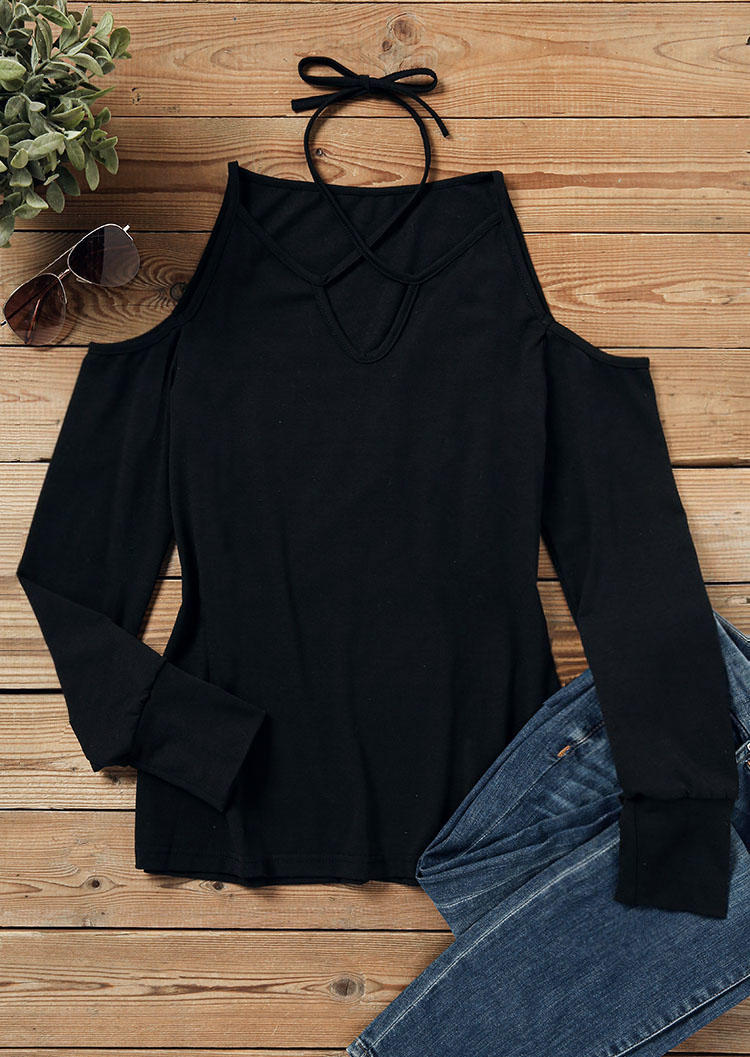 

Blouses Criss-Cross Tie Cold Shoulder Blouse in Black. Size