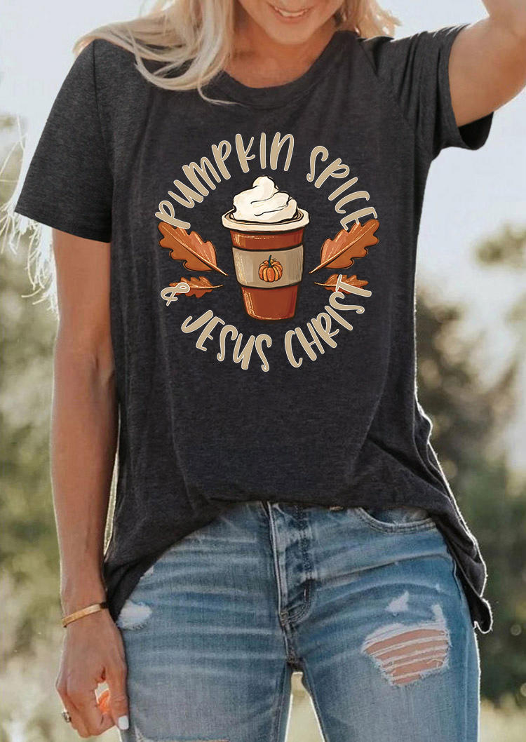 

T-shirts Tees Pumpkin Spice & Jesus Christ Leaf O-Neck T-Shirt Tee - Dark Grey in Gray. Size: M