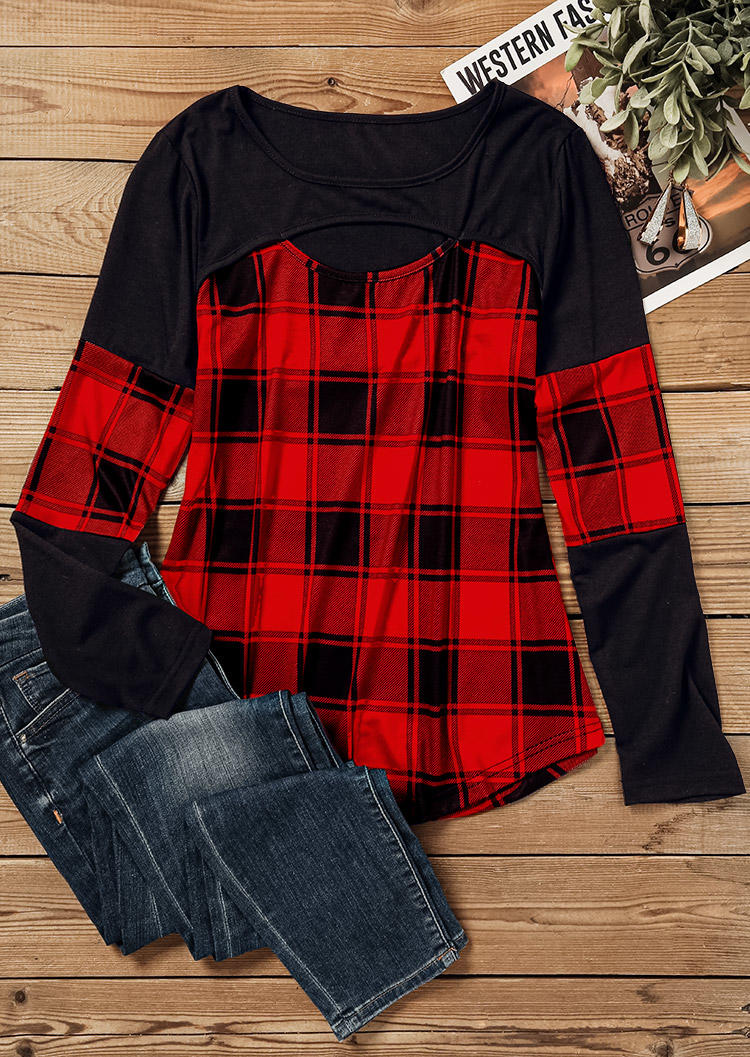 Blouses Plaid Hollow Out Long Sleeve Blouse in Black. Size: XL