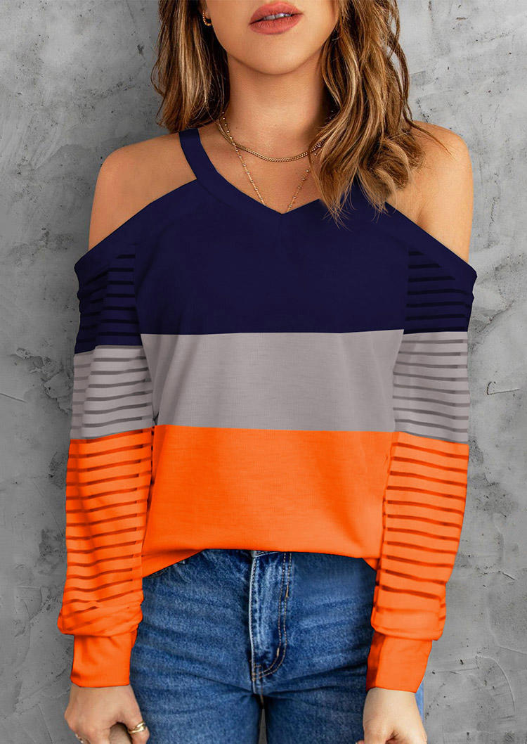 

Blouses Color Block Striped Cold Shoulder Blouse in Multicolor. Size