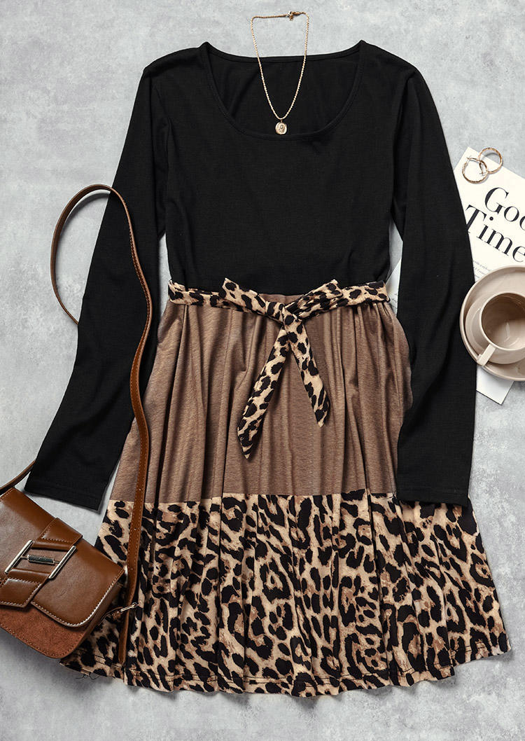 Mini Dresses Leopard Color Block Long Sleeve Mini Dress in Multicolor. Size: S
