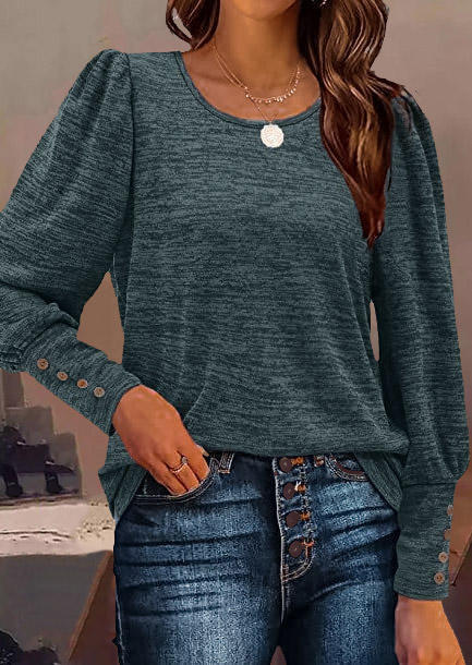 

Blouses Button Long Sleeve O-Neck Blouse in Green. Size: L