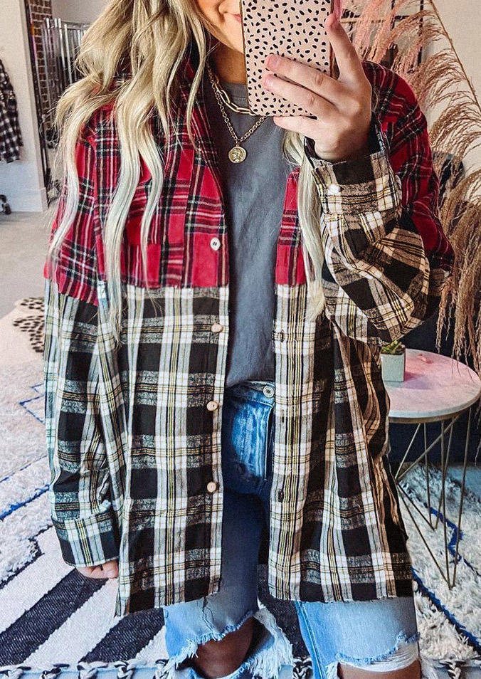 

Shirts Plaid Color Block Long Sleeve Shirt in Red. Size