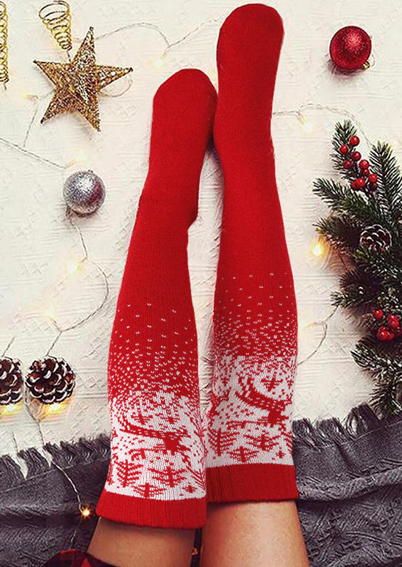 

Knee-High Socks Christmas Reindeer Snowflake Over Knee Long Socks in Red. Size