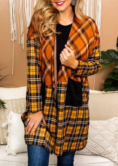 

Cardigans Plaid Pocket Long Sleeve Casual Cardigan in Orange. Size: L,M