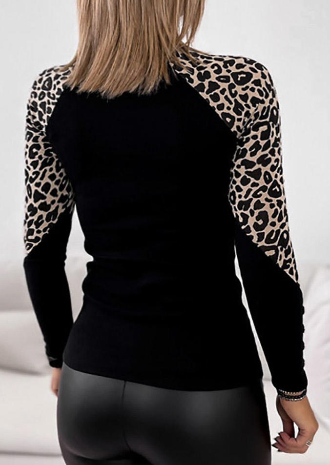 

Blouses Leopard Button Long Sleeve O-Neck Blouse in Black. Size