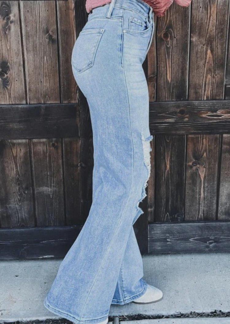

Pants Button Ripped Hole High Waist Denim Jeans in Blue. Size