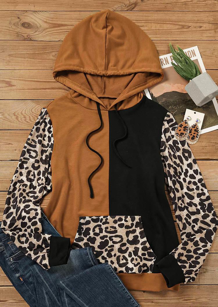 

Hoodies Leopard Color Block Drawstring Kangaroo Pocket Hoodie in Multicolor. Size: L,M,,XL