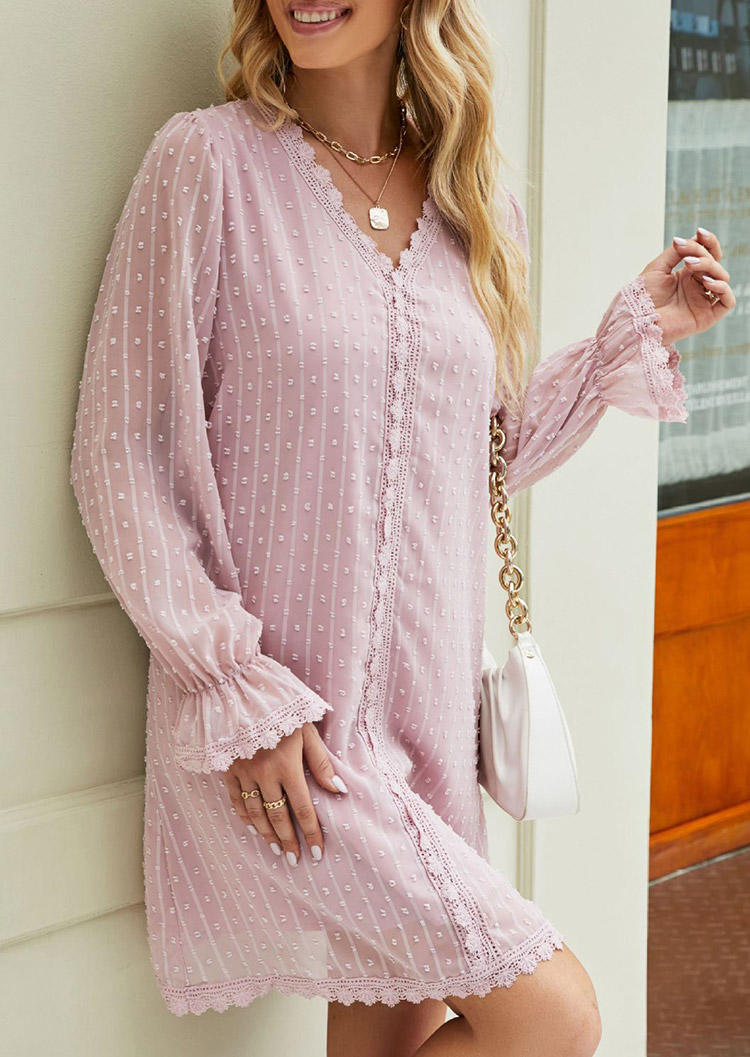 

Mini Dresses Lace Splicing Dotted Swiss Mini Dress in Pink. Size