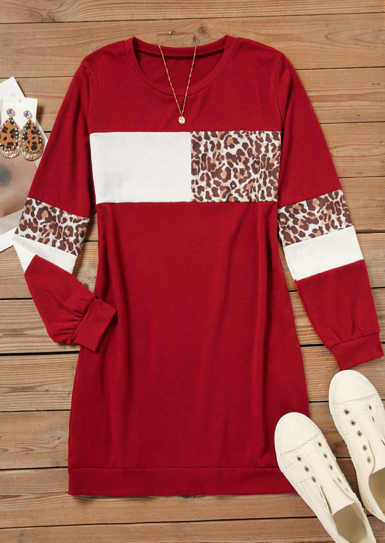 

Mini Dresses Color Block Leopard Long Sleeve Mini Dress - Burgundy in Red. Size: L