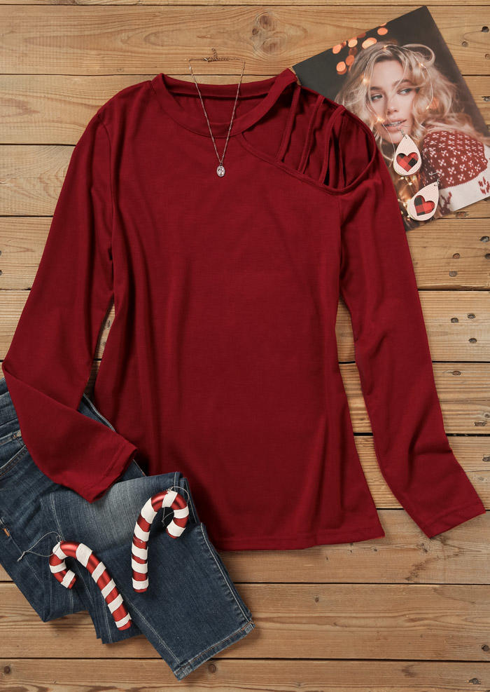 Hollow Out Long Sleeve O-Neck Blouse - Burgundy