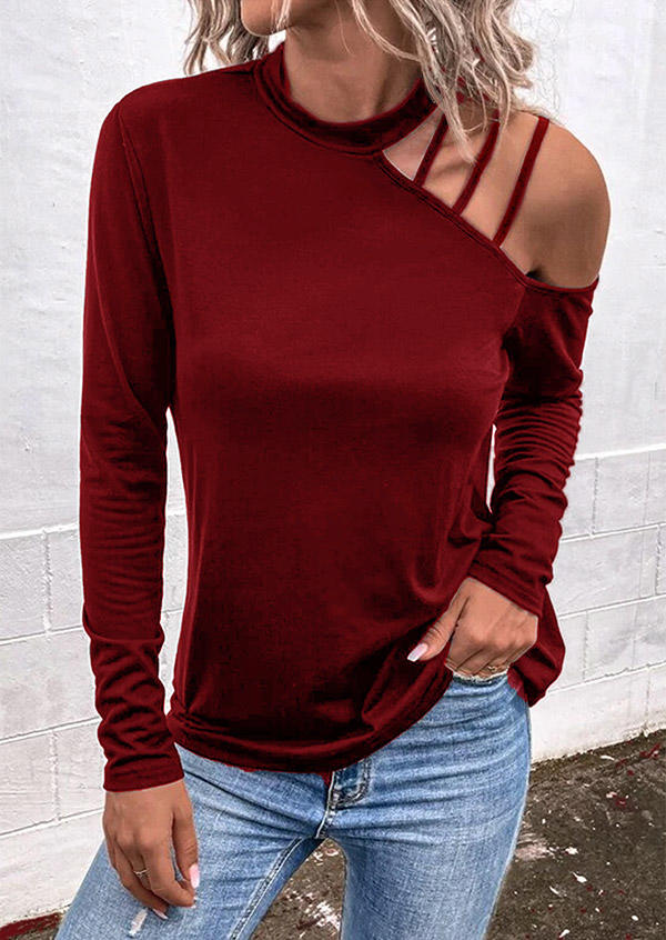 Blouses Hollow Out Long Sleeve O-Neck Blouse - Burgundy in Red. Size: L,XL