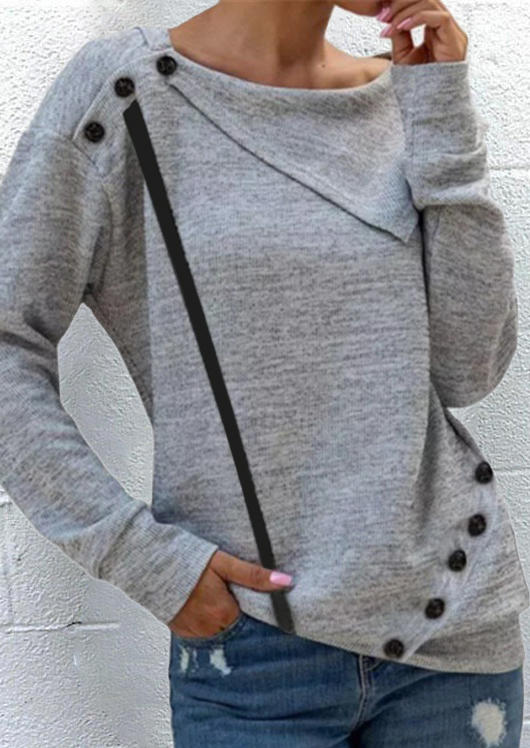 

Blouses Long Sleeve Button O-Neck Blouse in Gray. Size