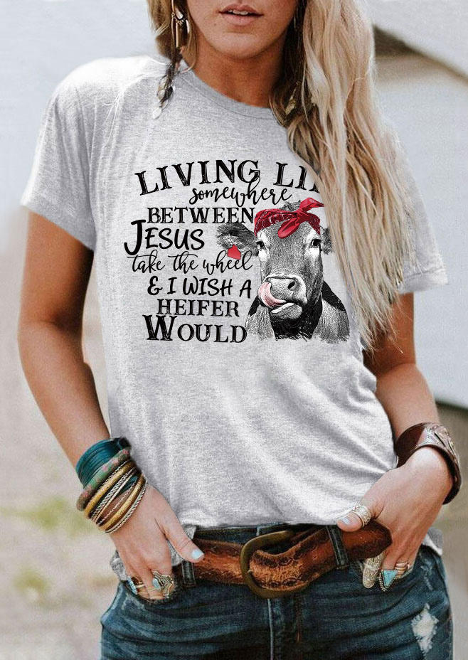 Living Life Somewhere Between Jesus Highland Cattle T-Shirt Tee - Light Grey