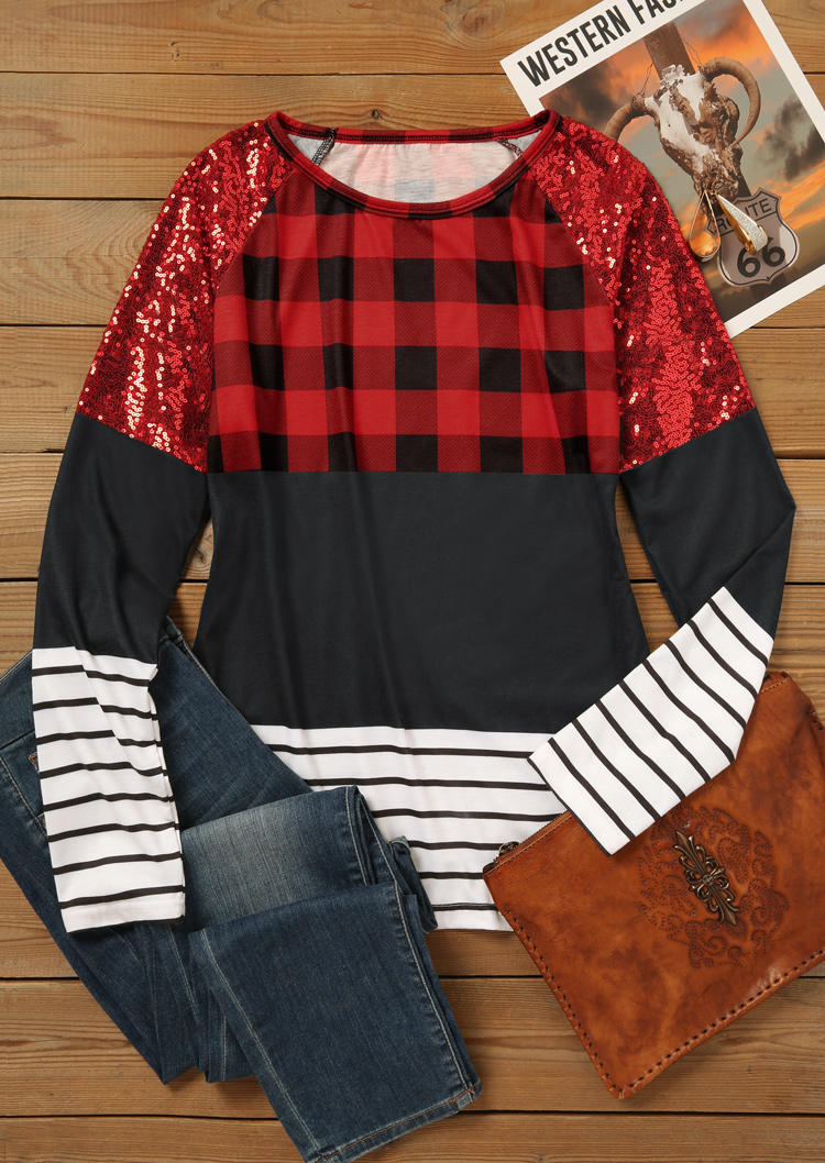 Plaid Striped Sequined O-Neck Blouse