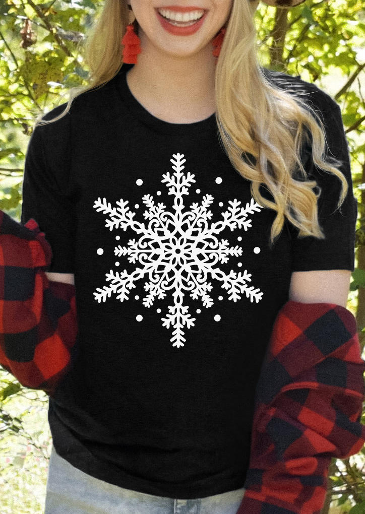 Christmas Snowflake O-Neck T-Shirt Tee - Black