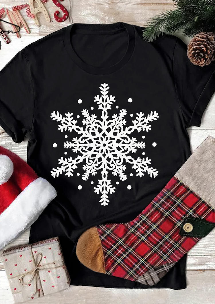 T-shirts Tees Christmas Snowflake O-Neck T-Shirt Tee in Black. Size: S
