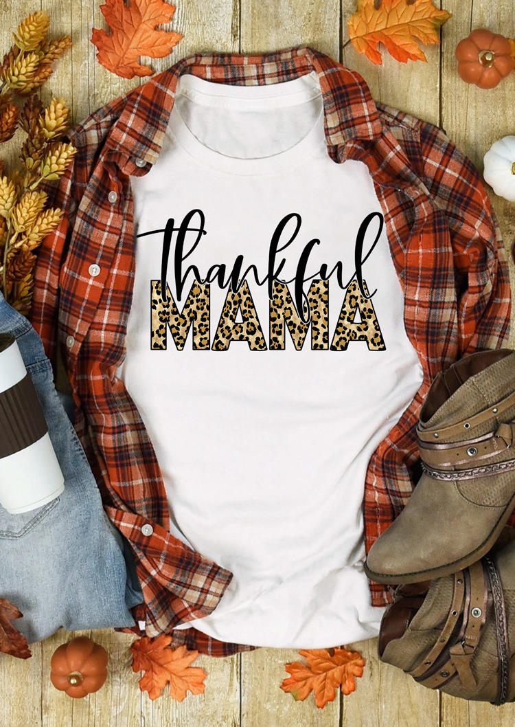 

T-shirts Tees Thankful Mama Leopard O-Neck T-Shirt Tee in White. Size