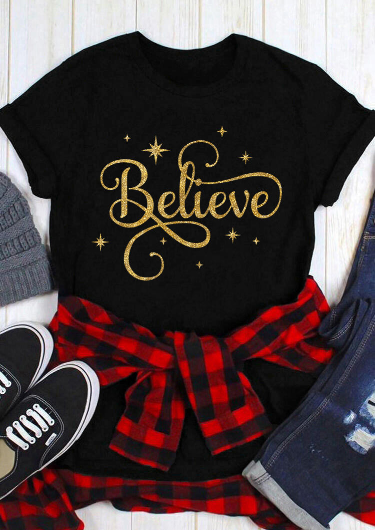 T-shirts Tees Believe Star O-Neck T-Shirt Tee in Black. Size: L,M,S,XL