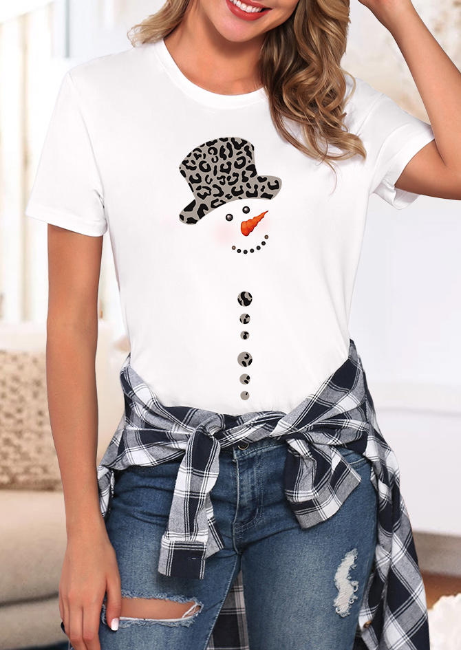 Christmas Snowman Leopard T-Shirt Tee - White