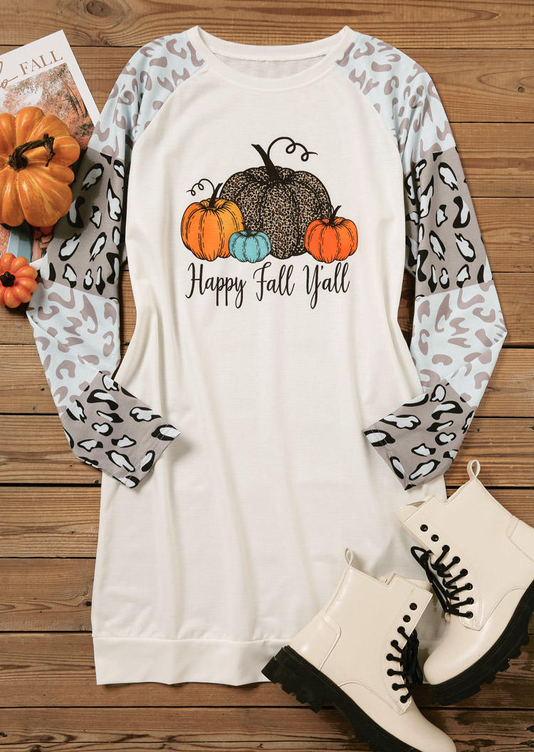

Sweatshirt Dresses Happy Fall Y'all Leopard Pumpkin Sweatshirt Dress in White. Size