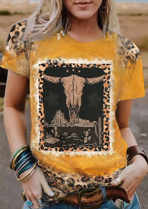 Leopard Steer Skull Cactus Bleached T-Shirt Tee - Yellow