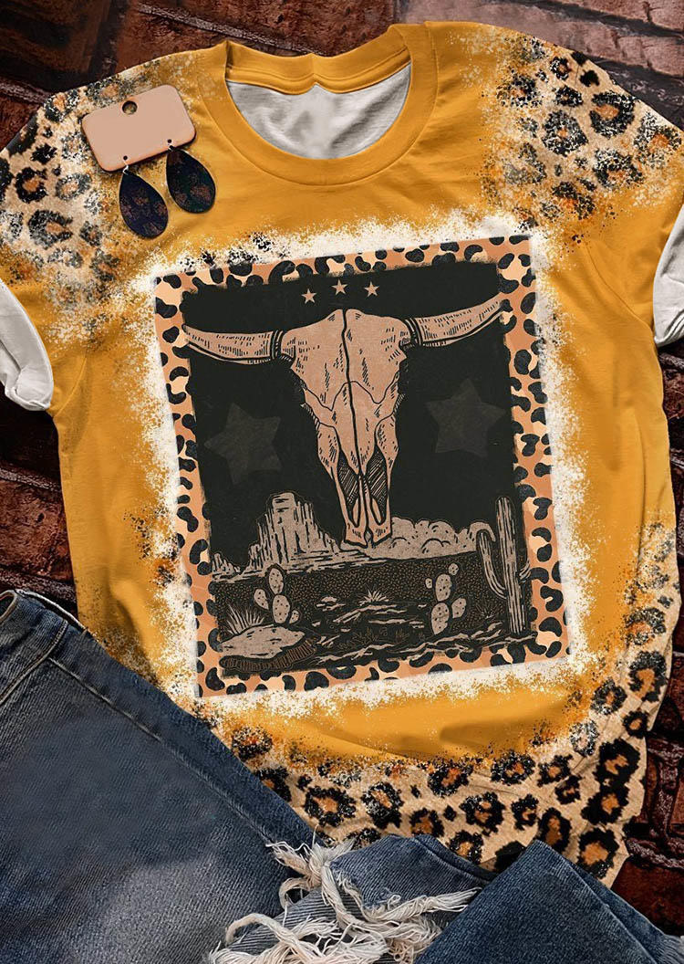T-shirts Tees Leopard Steer Skull Cactus Bleached T-Shirt Tee in Yellow. Size: L,M,XL