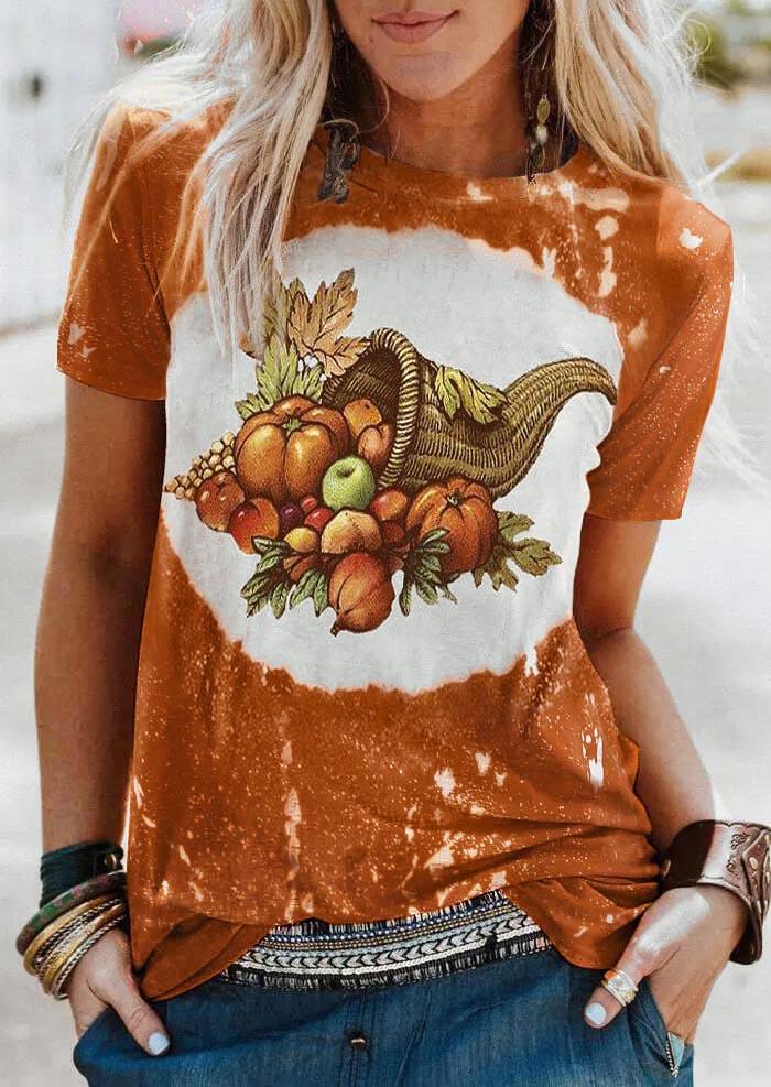 Maple Leaf Pumpkin Bleached T-Shirt Tee - Orange
