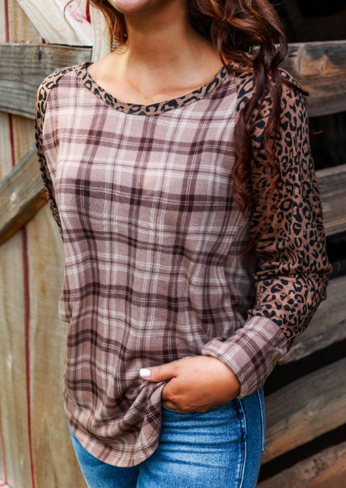 

Blouses Leopard Plaid Splicing Raglan Sleeve Blouse in Multicolor. Size: L