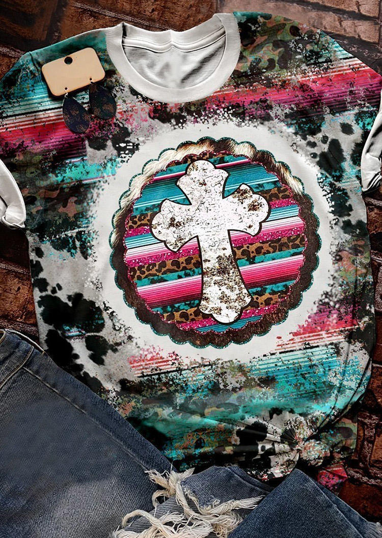 

T-shirts Tees Leopard Serape Striped Cross O-Neck T-Shirt Tee in Multicolor. Size