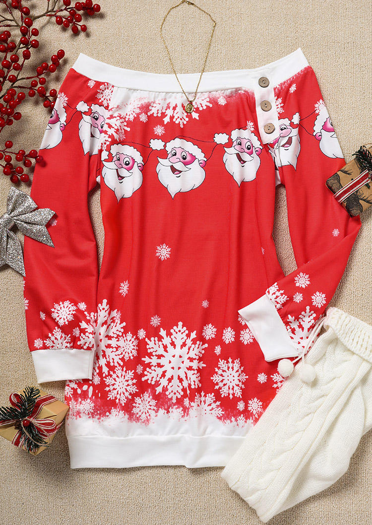 Christmas Santa Claus Snowflake Button Sweatshirt Mini Dress - Red
