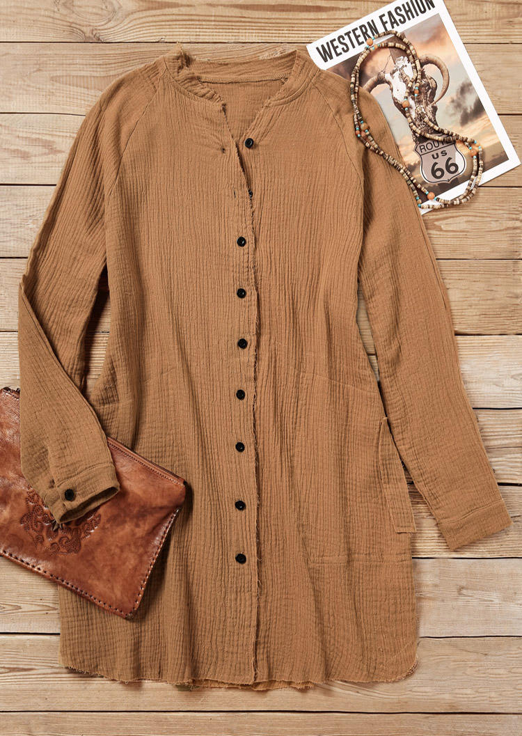 Mini Dresses Button Pocket Raglan Sleeve Mini Dress in Brown. Size: L,M,S