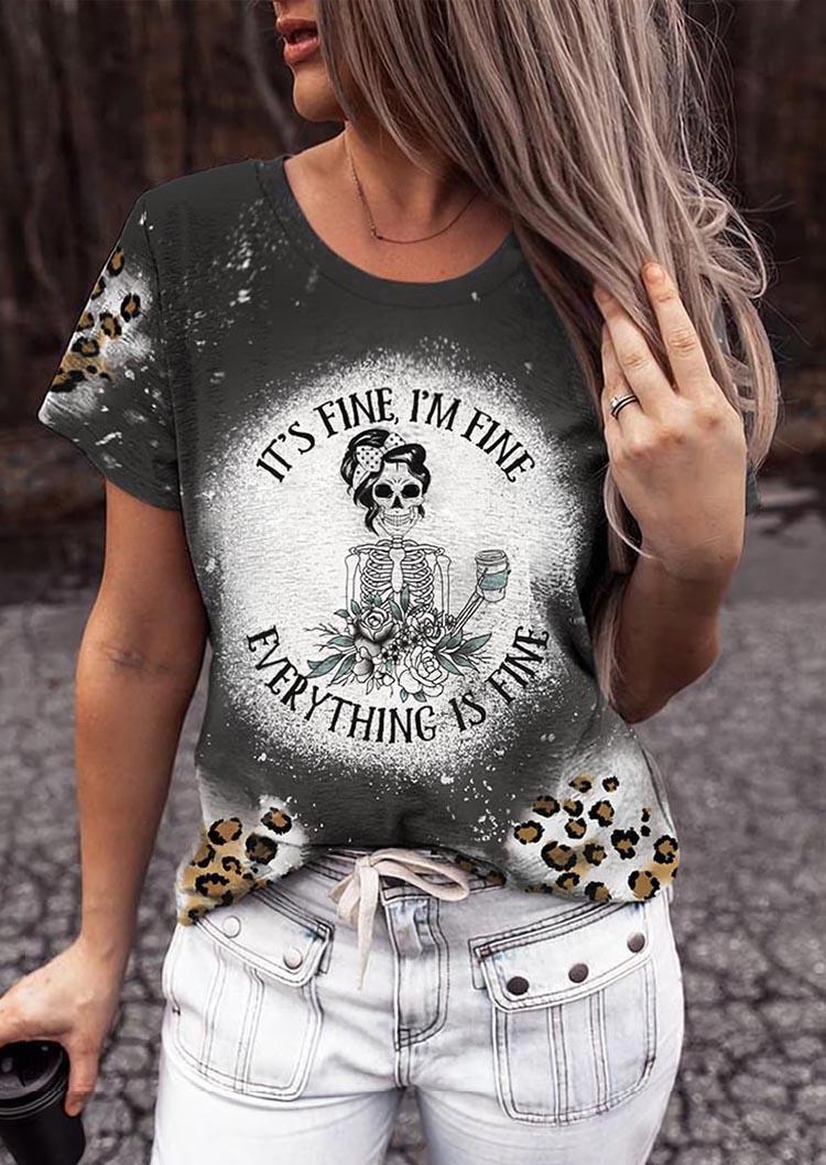

T-shirts Tees Halloween It' Fine I'm Fine Everything Is Fine Skeleton Leopard Bleached T-Shirt Tee in Gray. Size