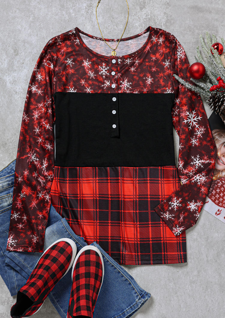 

Blouses Christmas Snowflake Color Block Button Blouse in Multicolor. Size