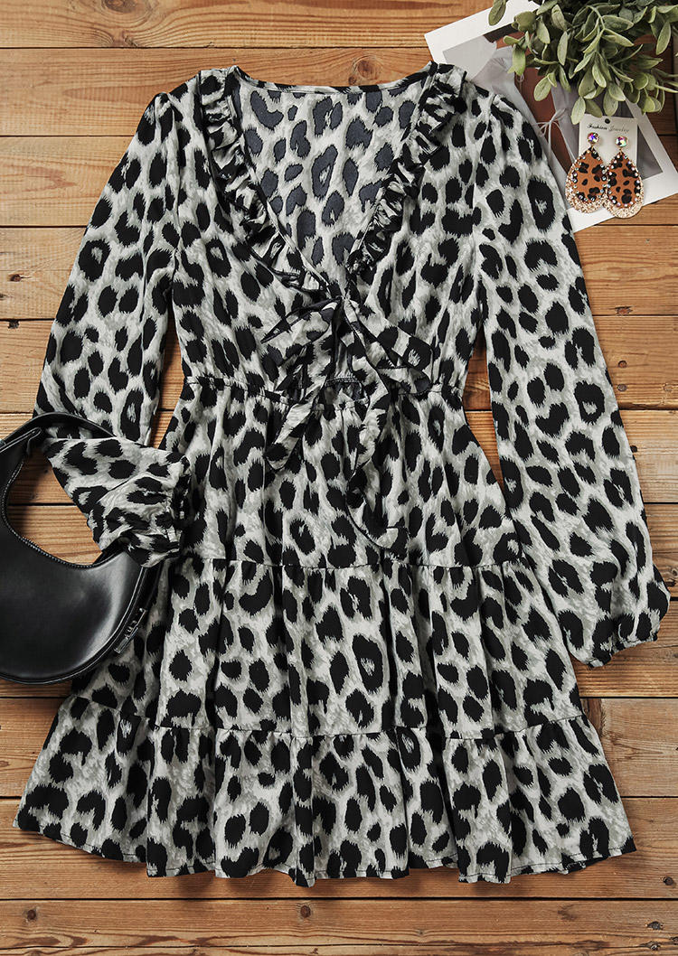 

Mini Dresses Leopard Ruffled Tie V-Neck Mini Dress in Multicolor. Size: L