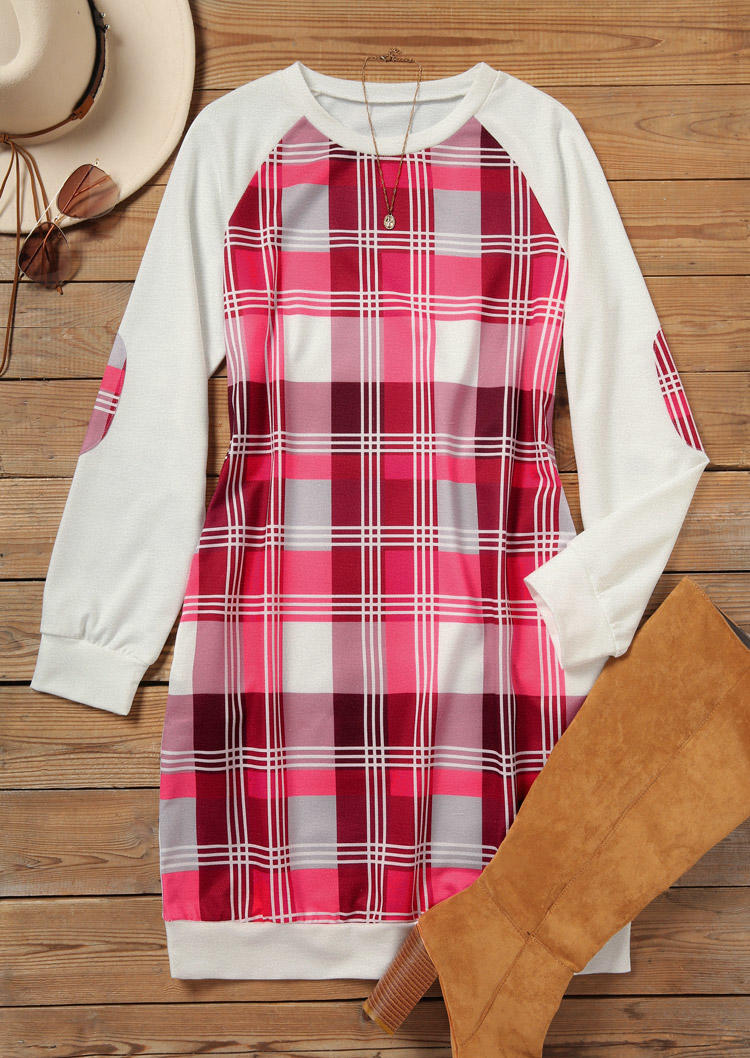 

Mini Dresses Plaid Pocket Raglan Sleeve Elbow Patch Mini Dress in Multicolor. Size