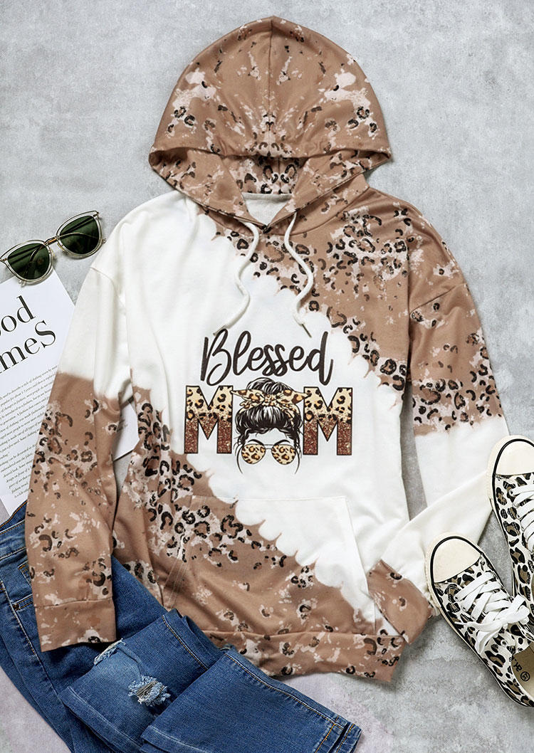 

Hoodies Blessed Mom Leopard Kangaroo Pocket Hoodie in White. Size