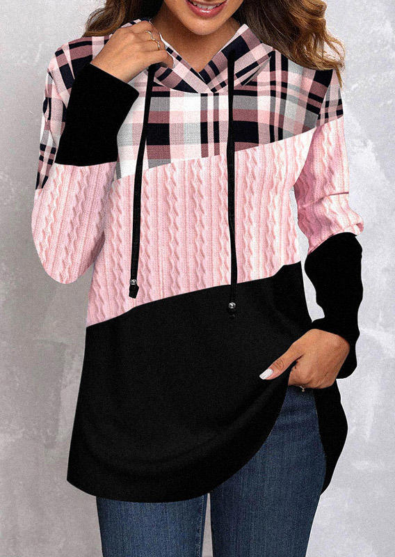 

Hoodies Plaid Color Block Drawstring Hoodie in Multicolor. Size: L