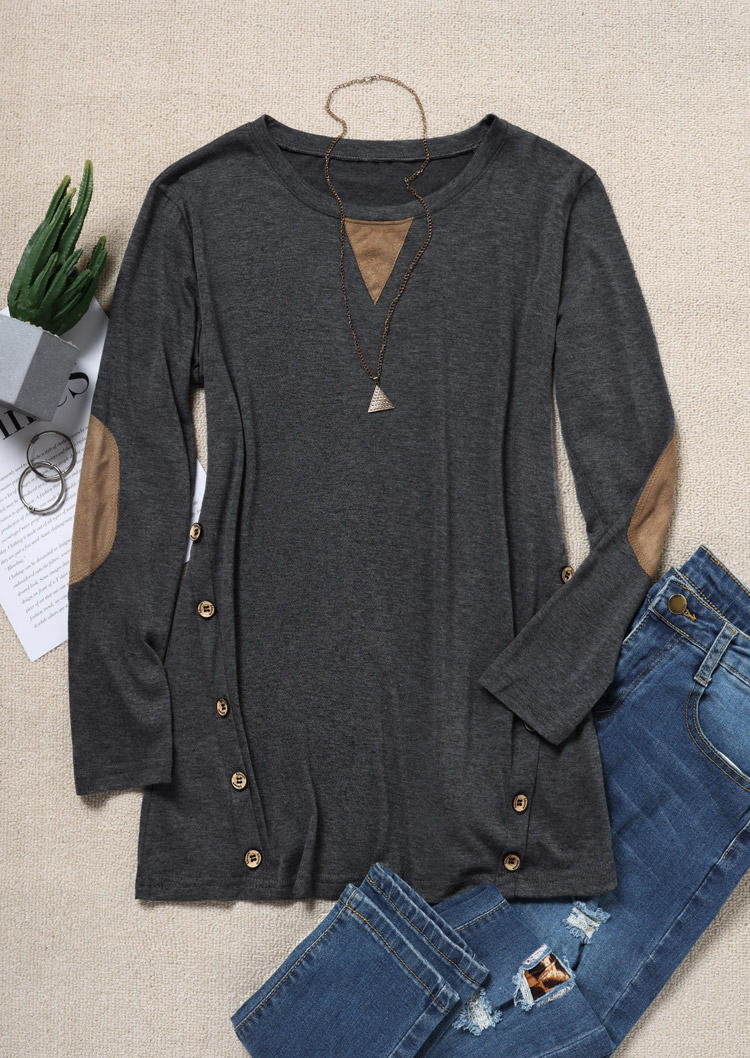 Blouses Button Long Sleeve Elbow Patch O-Neck Blouse in Gray. Size: M,S