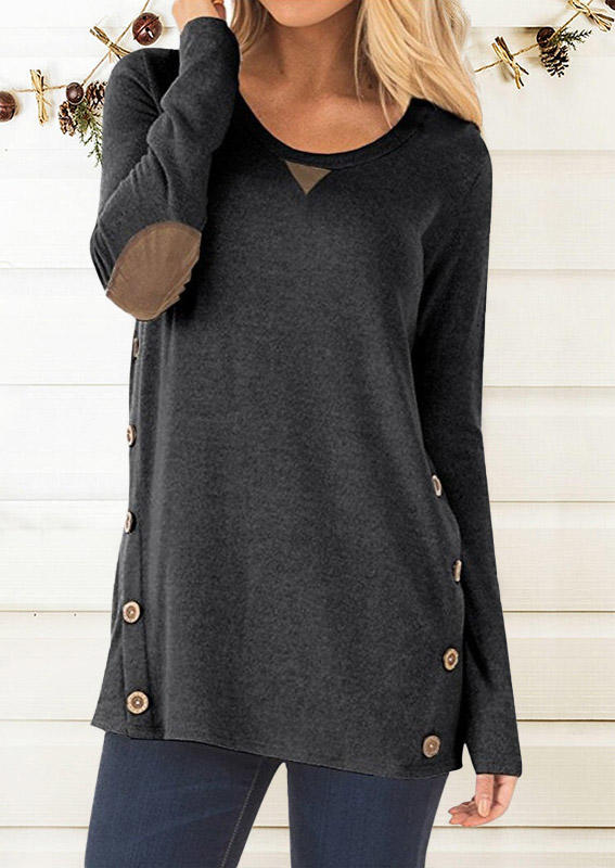 Button Long Sleeve Elbow Patch O-Neck Blouse