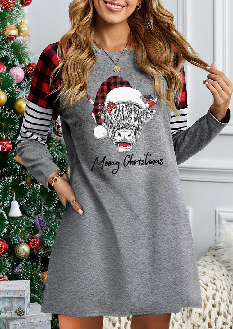 Merry Christmas Snowflake Plaid Striped Highland Cattle Mini Dress - Gray