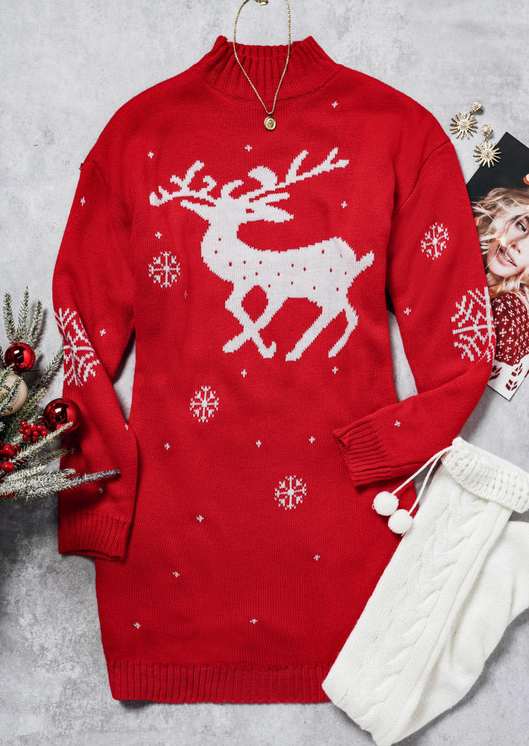 

Sweater Dresses Christmas Reindeer Snowflake Sweater Dress in Red. Size