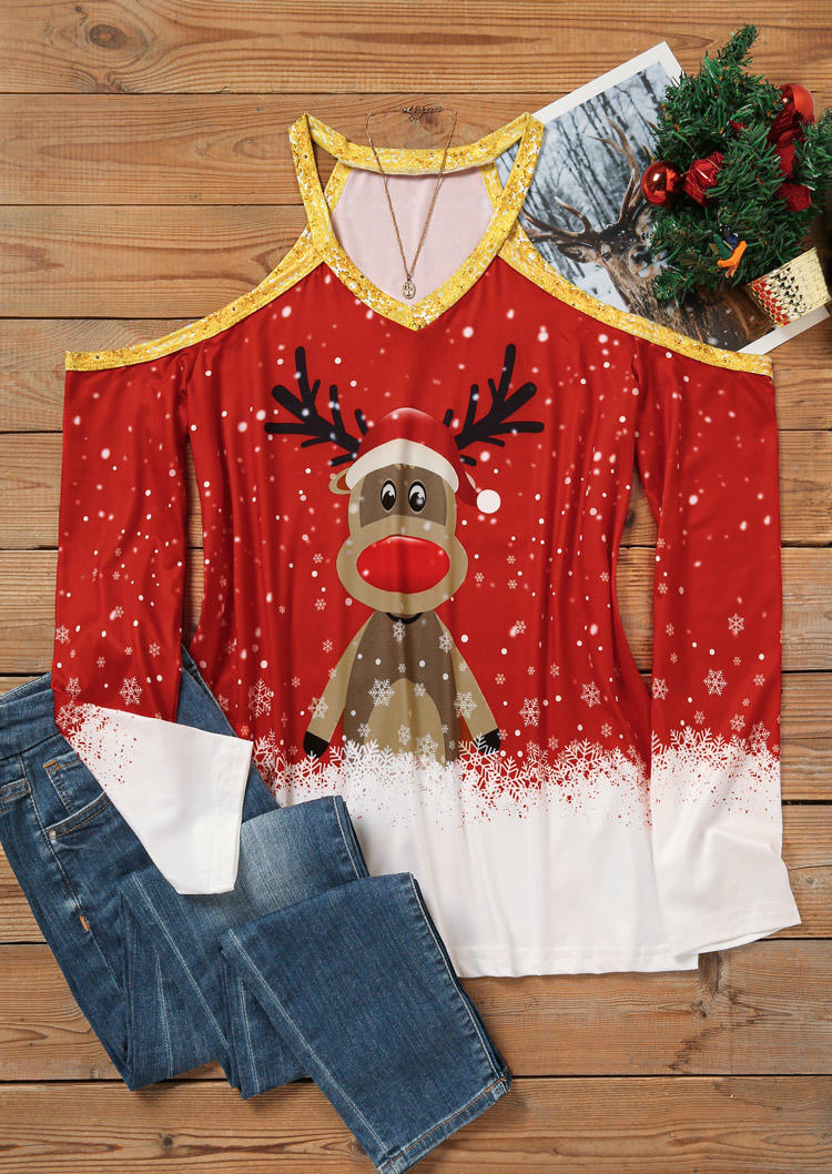

Blouses Christmas Reindeer Snowflake Glitter Blouse in Red. Size: ,XL