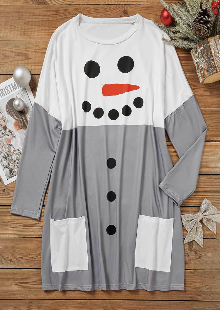 Mini Dresses Christmas Snowman Color Block Pocket Mini Dress in White. Size: L,M,XL