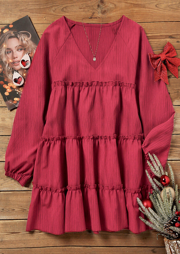

Mini Dresses Ruffled Long Sleeve V-Neck Mini Dress in Red. Size: L,M,,XL