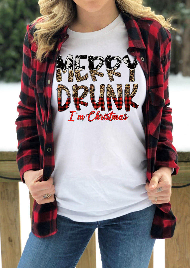 Merry Drunk I'm Christmas Leopard Plaid Cow T-Shirt Tee - White
