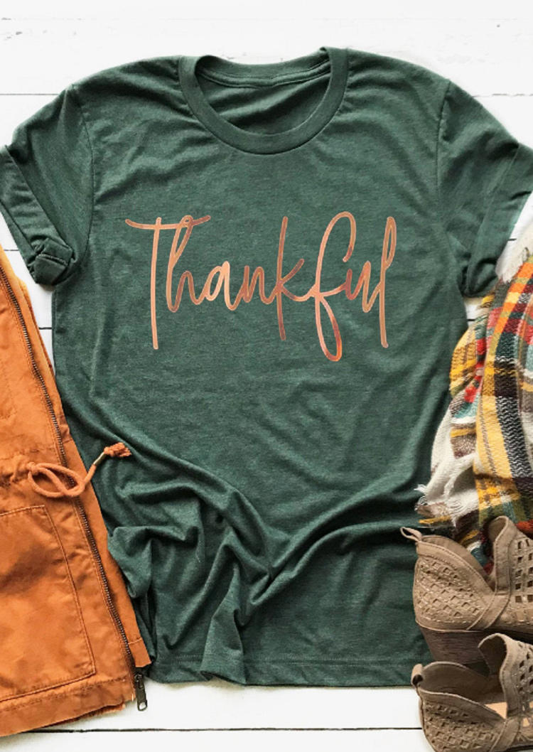 

T-shirts Tees Thankful O-Neck Casual T-Shirt Tee in Green. Size