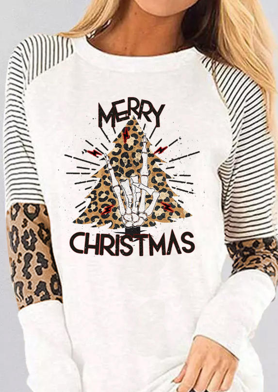 

T-shirts Tees Merry Christmas Leopard Tree Skeleton Hand Striped T-Shirt Tee in White. Size: L,M,,XL