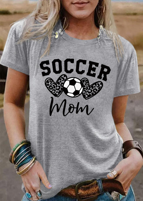 Soccer Mom Leopard Heart O-Neck T-Shirt Tee - Gray