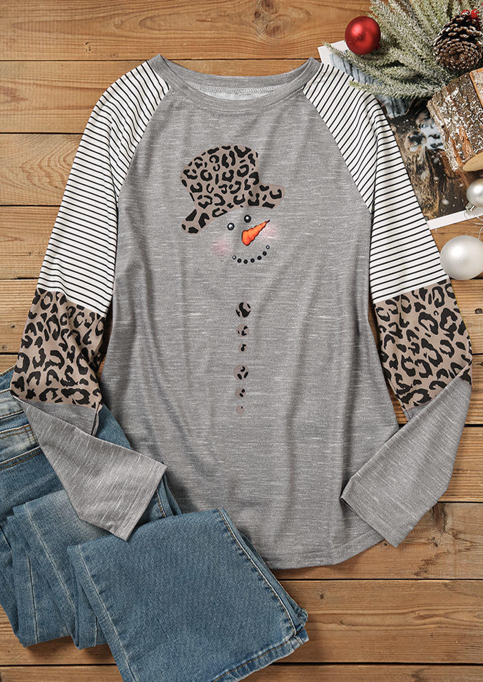 T-shirts Tees Christmas Snowman Striped Leopard T-Shirt Tee in Gray. Size: S